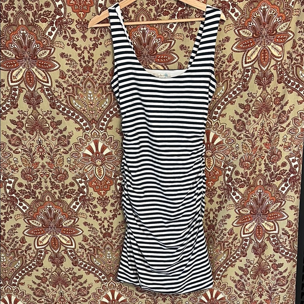BODEN 10 Tank Midi Dress—fitted and lined w/ ruched waist in navy/white stripes